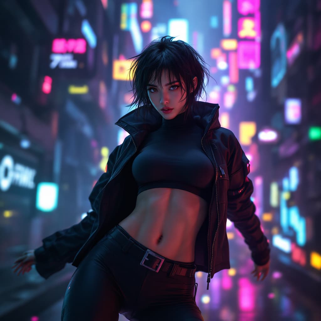 AI generated: cyberpunk game style a photo of a slim, small breast, flat chest, abs, young asian female supermodel...