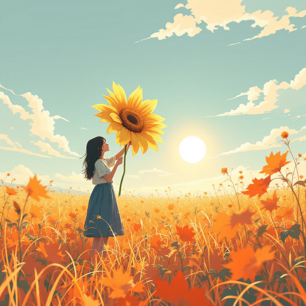 AI generated: A girl holding a huge flower, micro art, girl standing in the autumn field basking in the sun, autum...