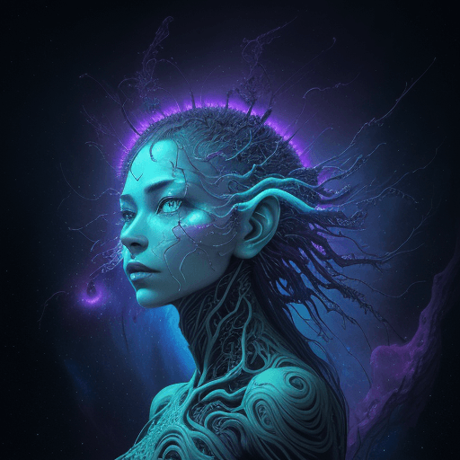 AI generated: Prompt: waist up portrait of intricate organic nebula neural clothes on alien with nebula galaxy for...