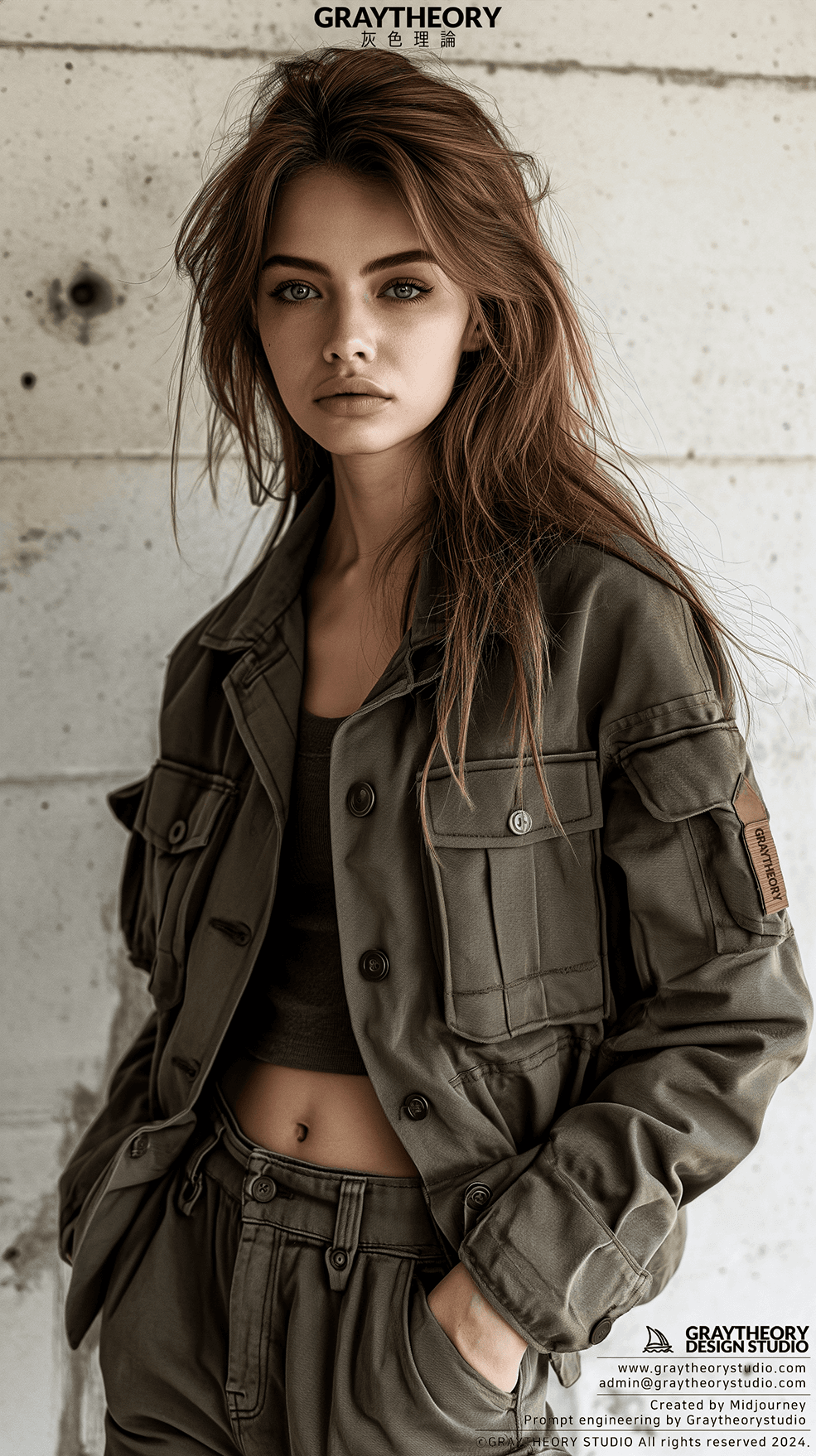 AI generated: Photograph, woman, model, minimalist millitary, stylish hair, gaze, solid white environment, studio ...