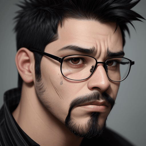 AI generated: solo, looking at viewer, short black hair, 1boy, male focus, glasses, facial hair, frown, scar, spik...