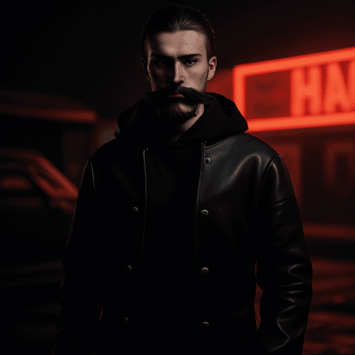 AI generated: Slavic very young man knight with early beard and moustache and no helmet wearing black matte battle...