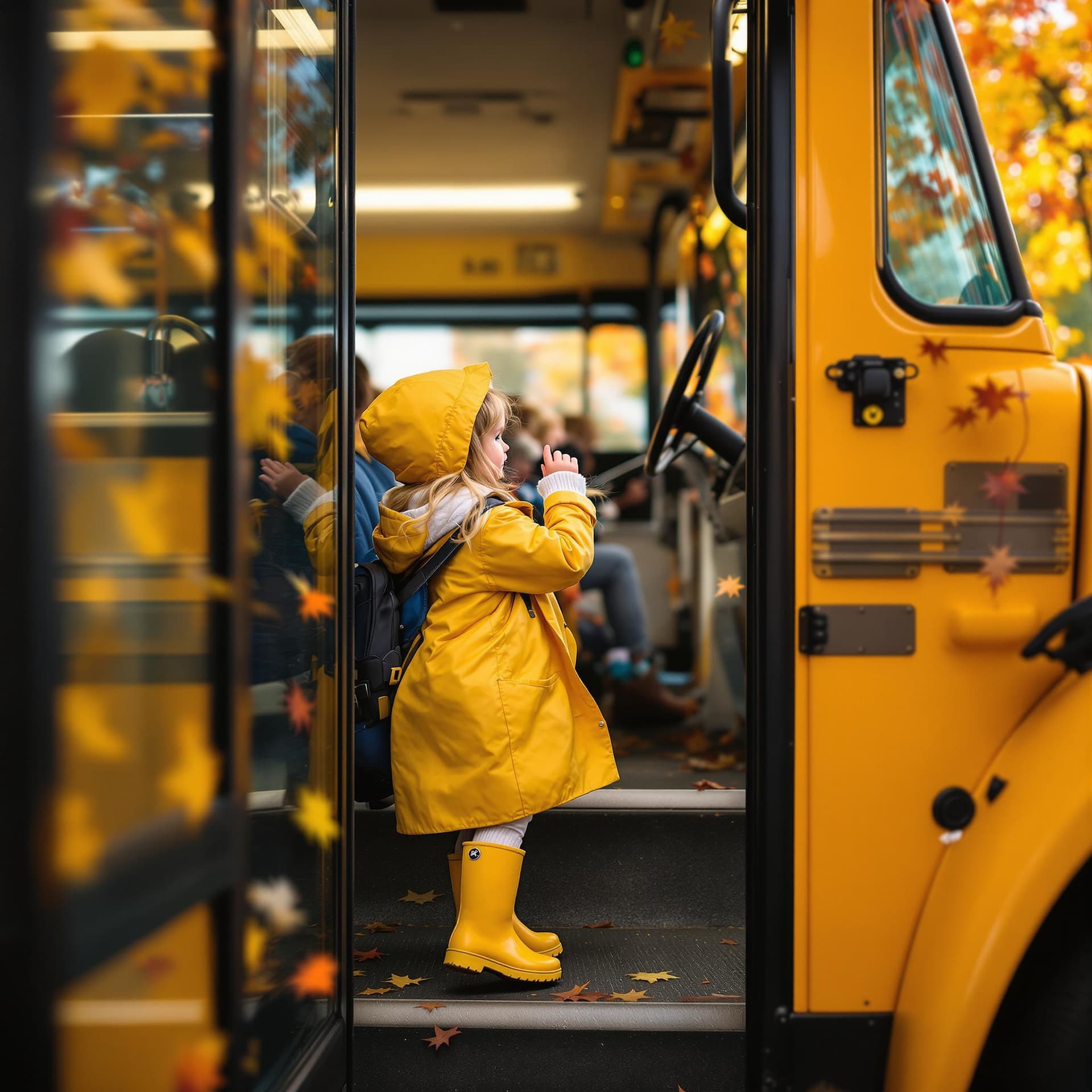 AI generated: cute blonde girl 5 year old wearing a yellow raincoat and yellow boots getting on the school bus on ...