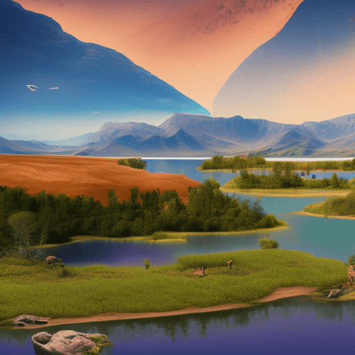 AI generated: Hi resolution photography, lake in a full of vegetation landscape with animals in Mars.