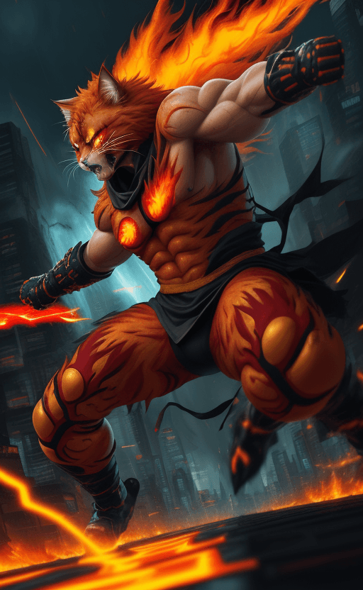 AI generated: painterly style, photorealistic, more colorful, rage fiery red fluffy cat cyber shadow  ninja warrio...