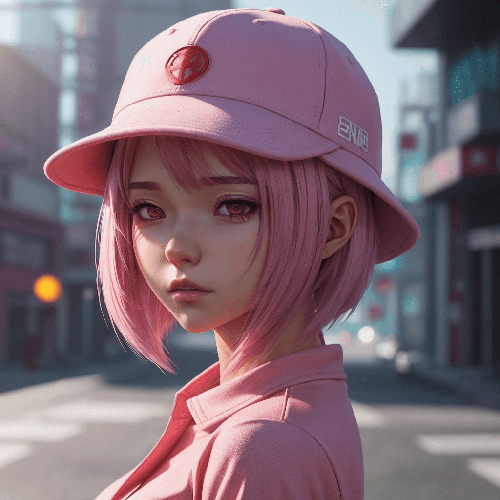 AI generated: by Alessio Albi, anime girl with a pink shirt and a red hat, urban girl fanart, anime style illustra...