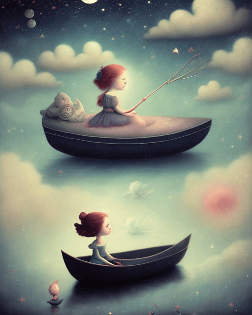 AI generated: girl sitting on the small boat floating in the sky surrounded by stars, moody sephia and muted tones...