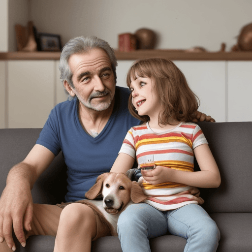 AI generated: Pareja española de 30-40 años sentados en el sofa de casa felices con dos niños jugando y un perro m...