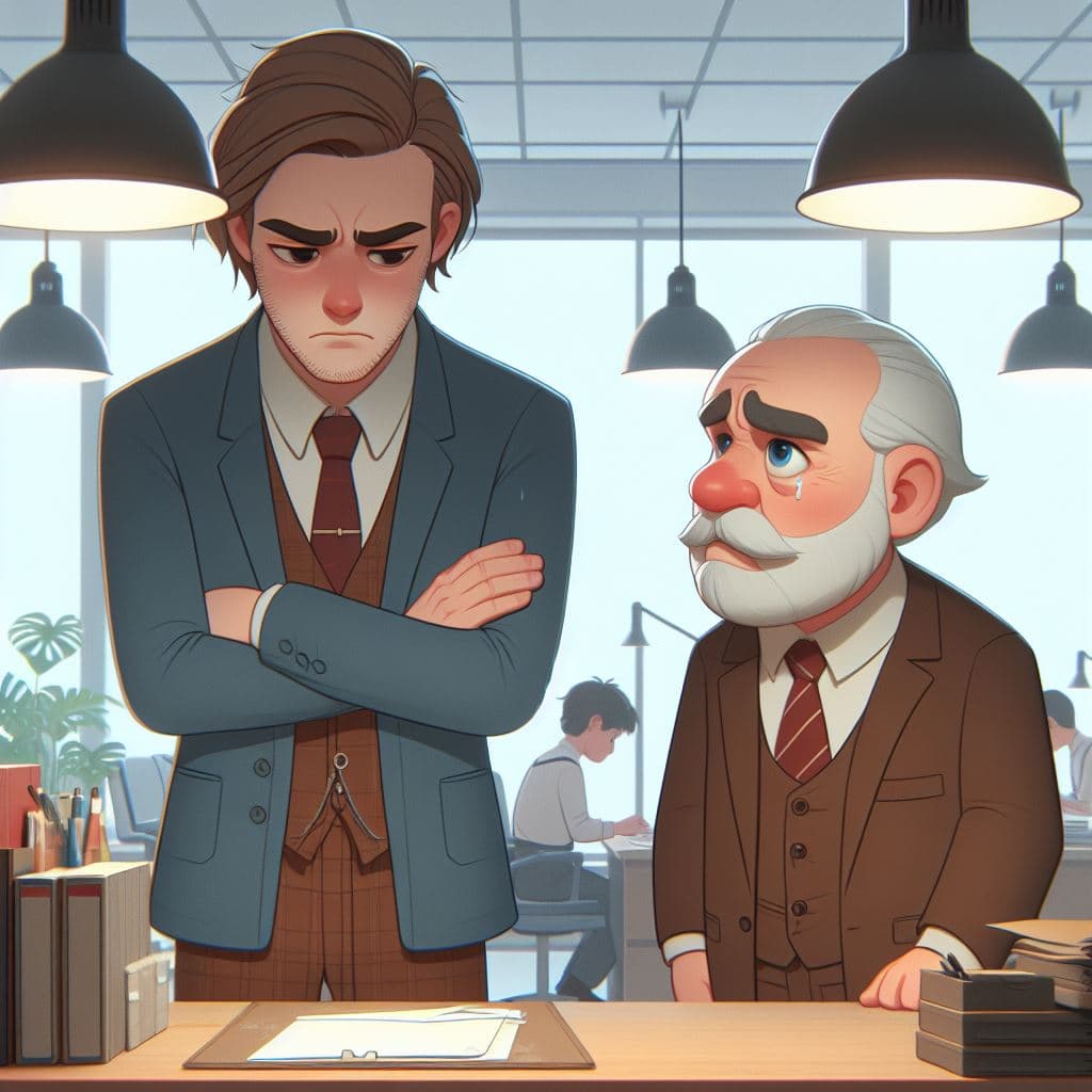 AI generated: estilo animação, chefe de meia idade descontente com senhor idoso que está triste. Escritório, luzes...