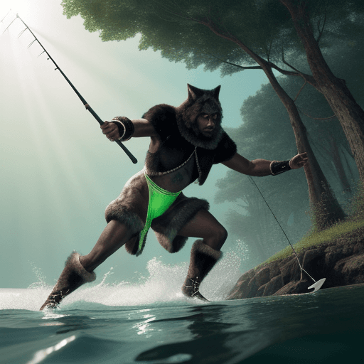 AI generated: black man in 1524 dressed in wolf fur finds a meteorite while fishing, a green glow cast on the wate...