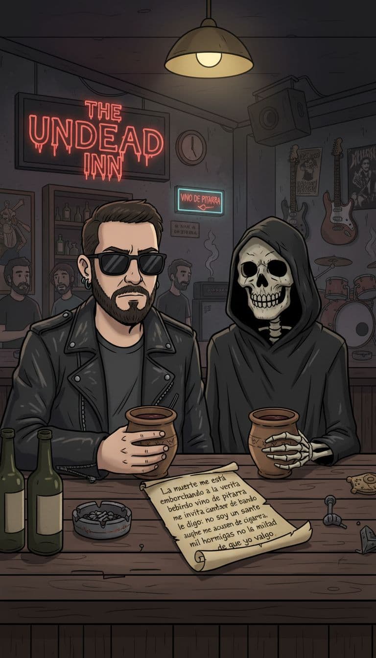 AI generated: Quiero que me des la imagen del tipo de referencia bebiendo con la muerte en un bar de rock and roll...