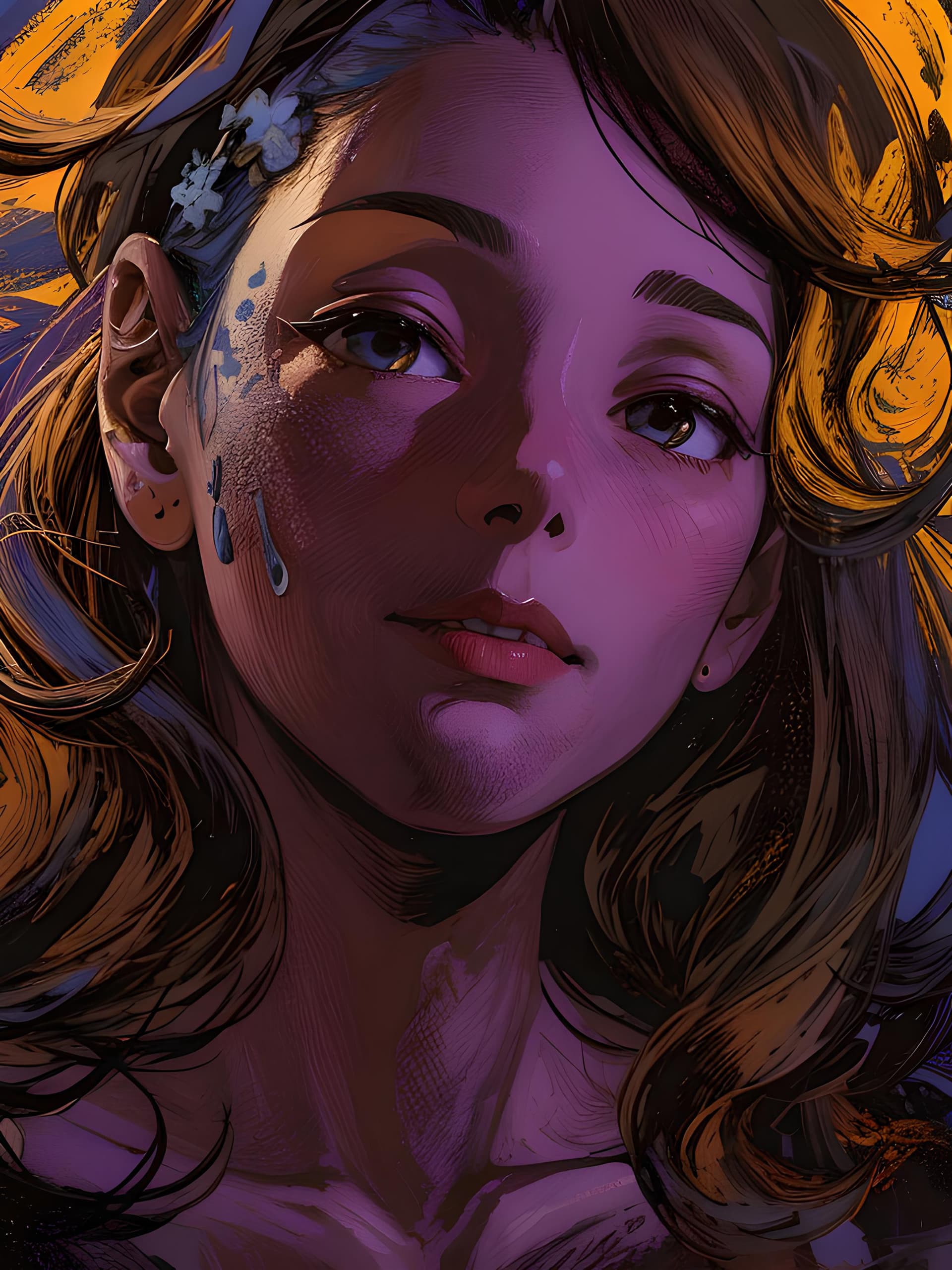AI generated: a painting of a woman with a flower in her hair, digital art, psychedelic art, vivid ultraviolet col...