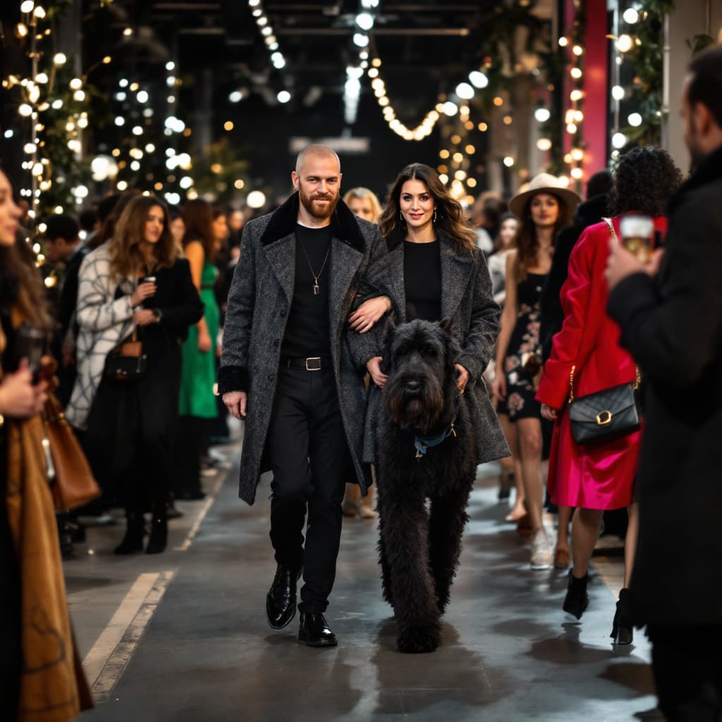 AI generated: all black giant schnauzer walking with his owner in a nyc fashion week party with stylish people all...