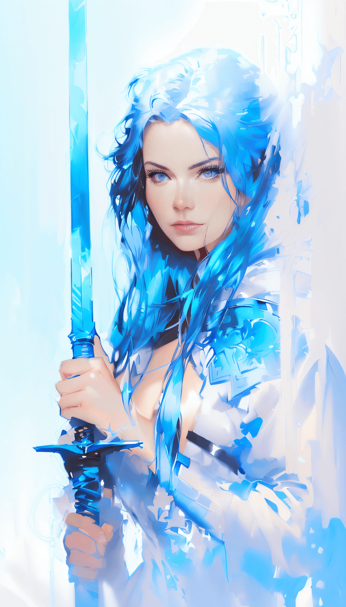 AI generated: a close up of a woman holding a sword in a blue background, phil noto and rebecca guay, she is holdi...