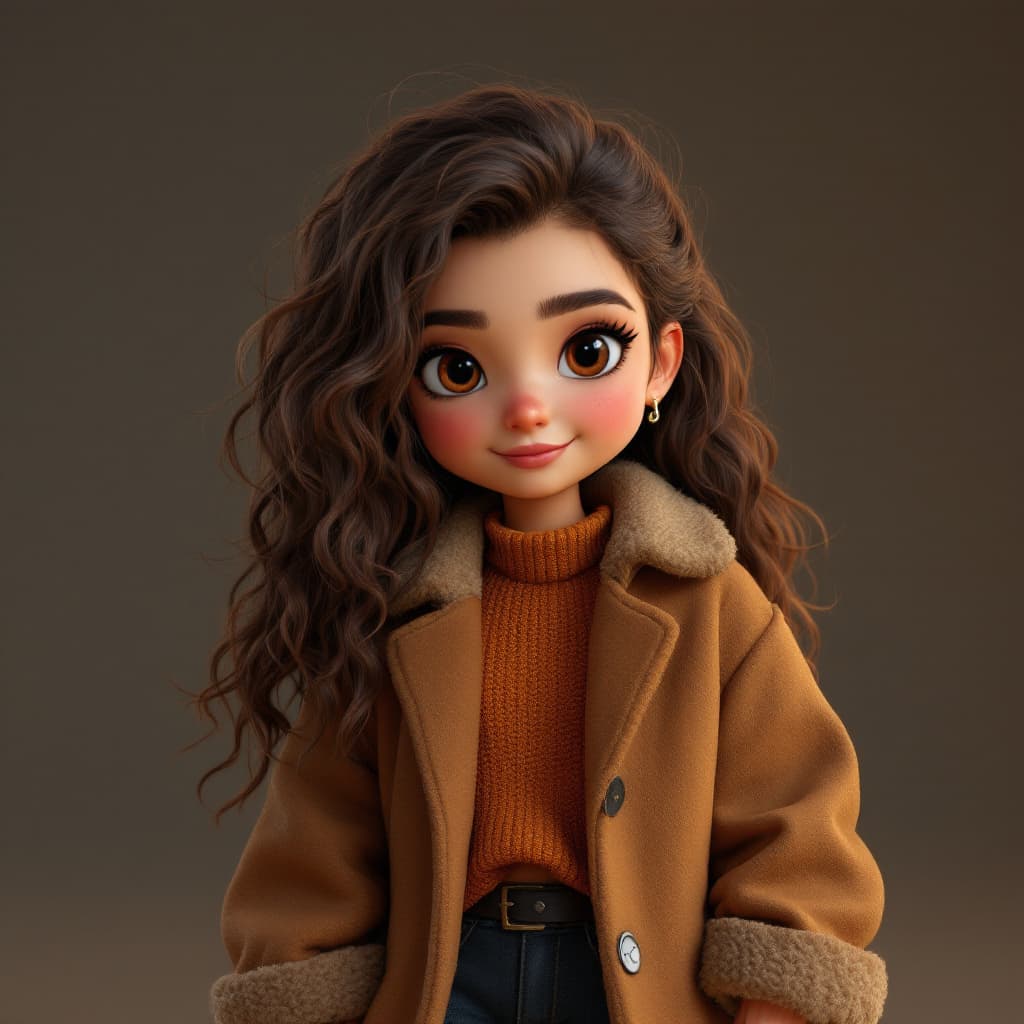AI generated: a cartoon girl with brown hair and a brown coat, disney concept art :: nixri, ringlet, funny emoji, ...