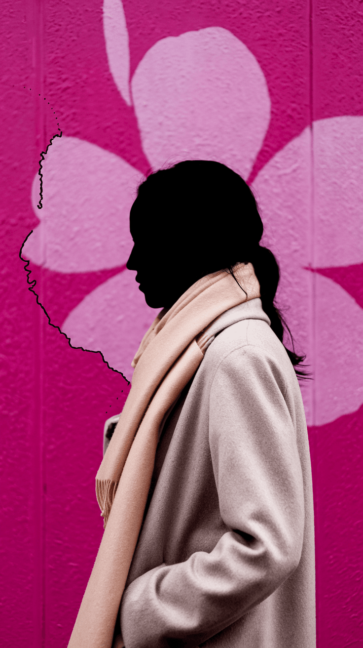 AI generated: photography, portrait of contrast, profile silhouette of a woman, vibrant hot pink backdrop, visuali...