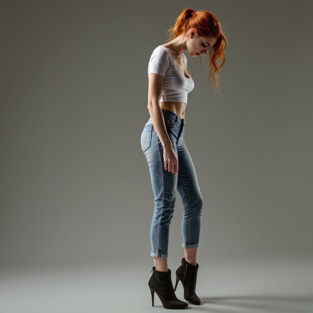 AI generated: beautiful red-headed woman stood up, slightly bent over, in tight jeans 