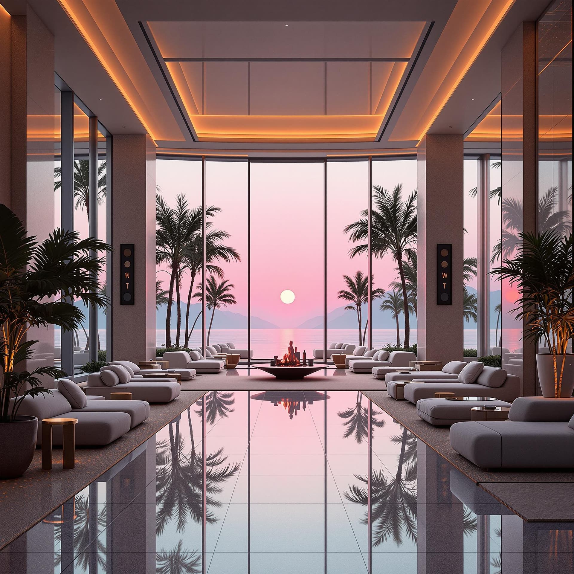 AI generated: create an image of an Upscale Hotel Settings: High-end resort hotel lobby which gives a feeling of i...