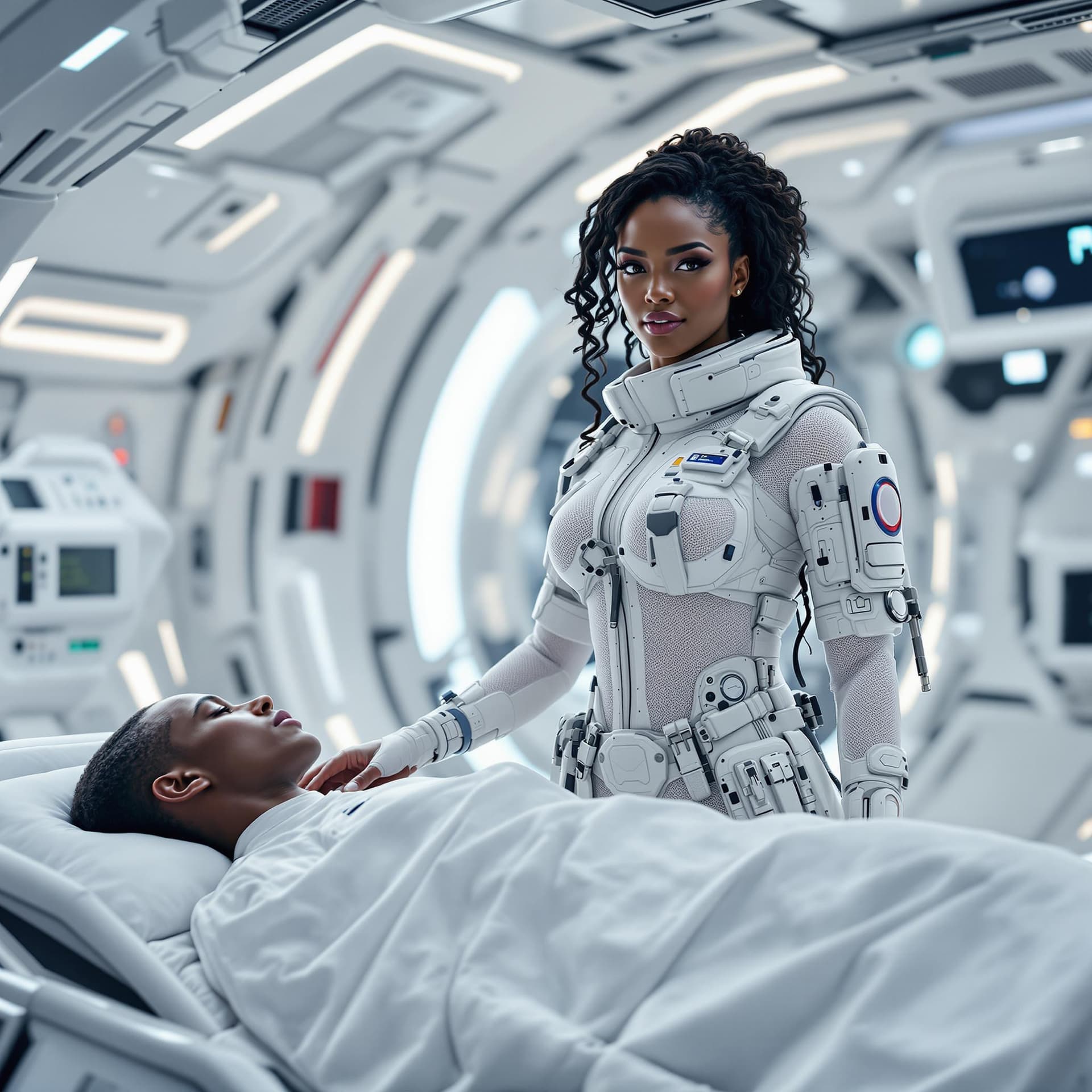 AI generated: Digital image set within the high-tech, gleaming interior of a space-station medical center. The foc...