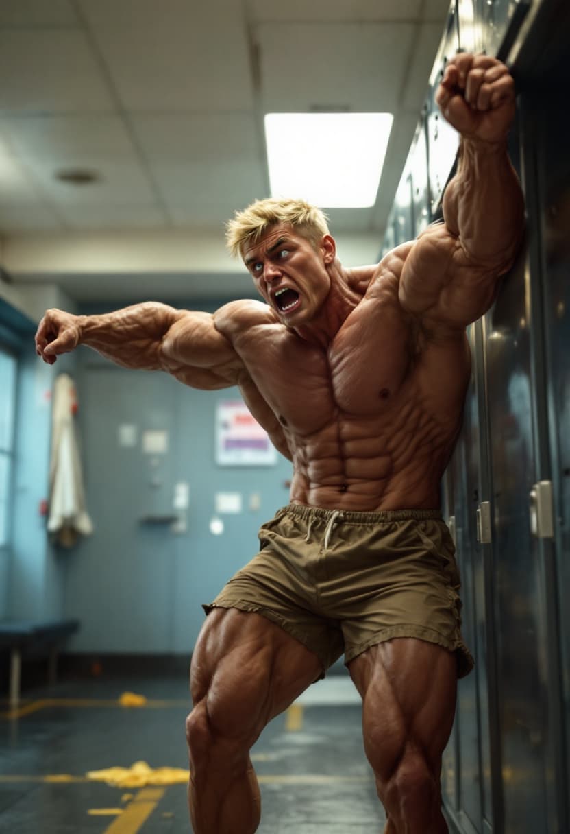 AI generated: photorealistic, detailed photo, very muscular, wearing shorts, embarrassed expression, blonde hair, ...