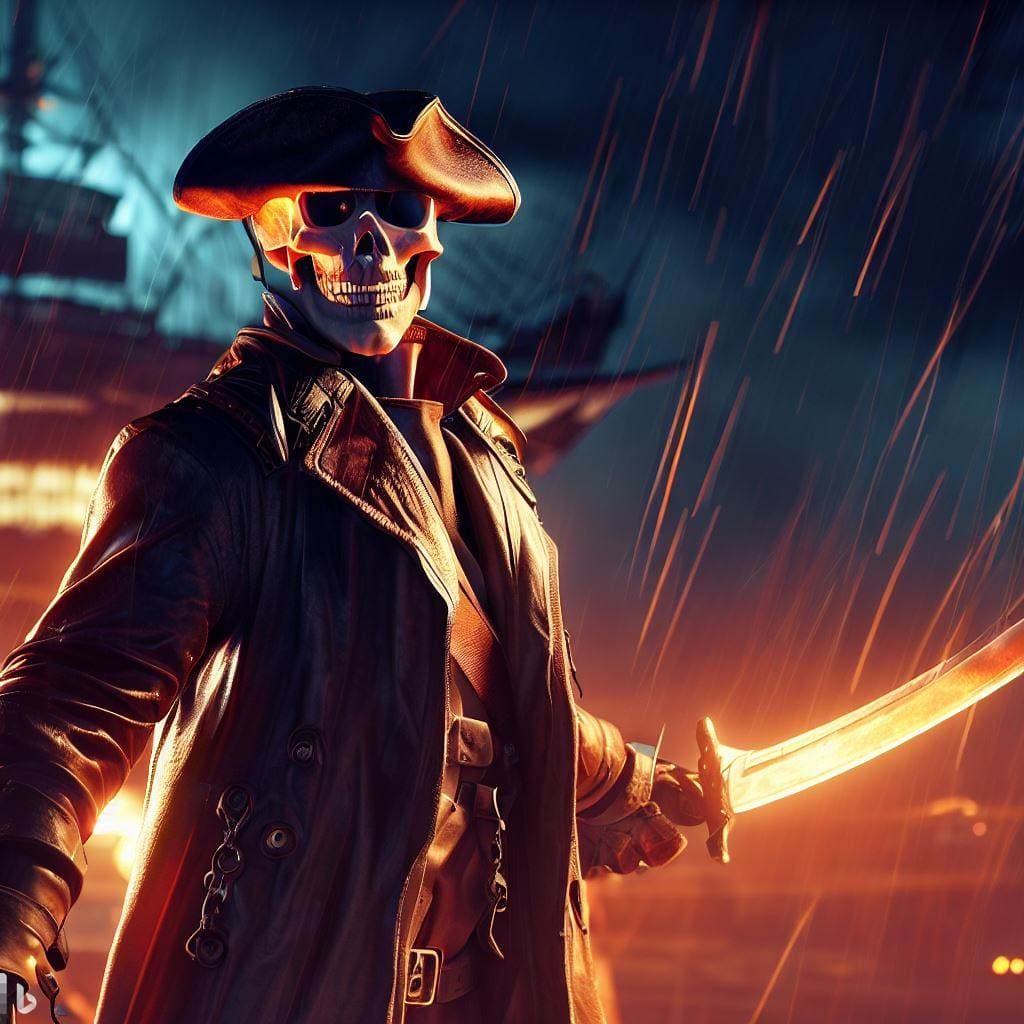 AI generated: photography of sci-fi futuristic skull-masked pirate wearing leather trench coat pirate hat futurist...