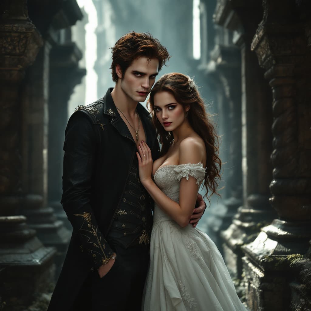 AI generated: full body , fantasy, Isabella Marie Swan and Edward Cullen,In the castle,cleavage






