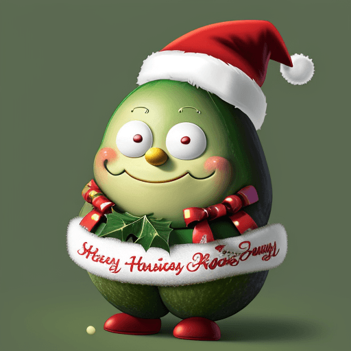 AI generated: A whimsical, high-resolution digital illustration showcases a cartoon avocado donning a festive Sant...