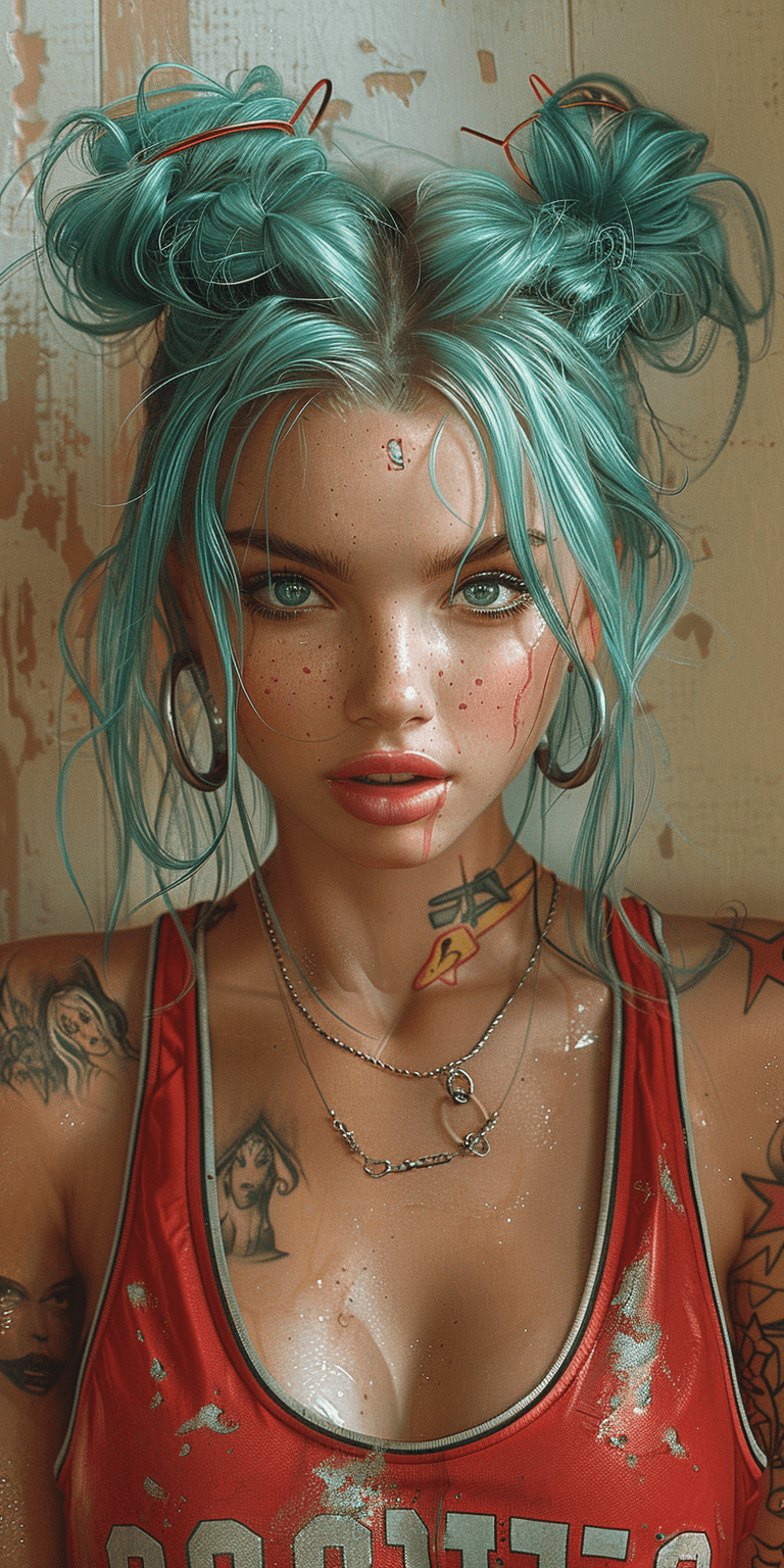 AI generated: A hyper-realistic digital painting of an Instagram model with blueish-green hair in two buns, wearin...