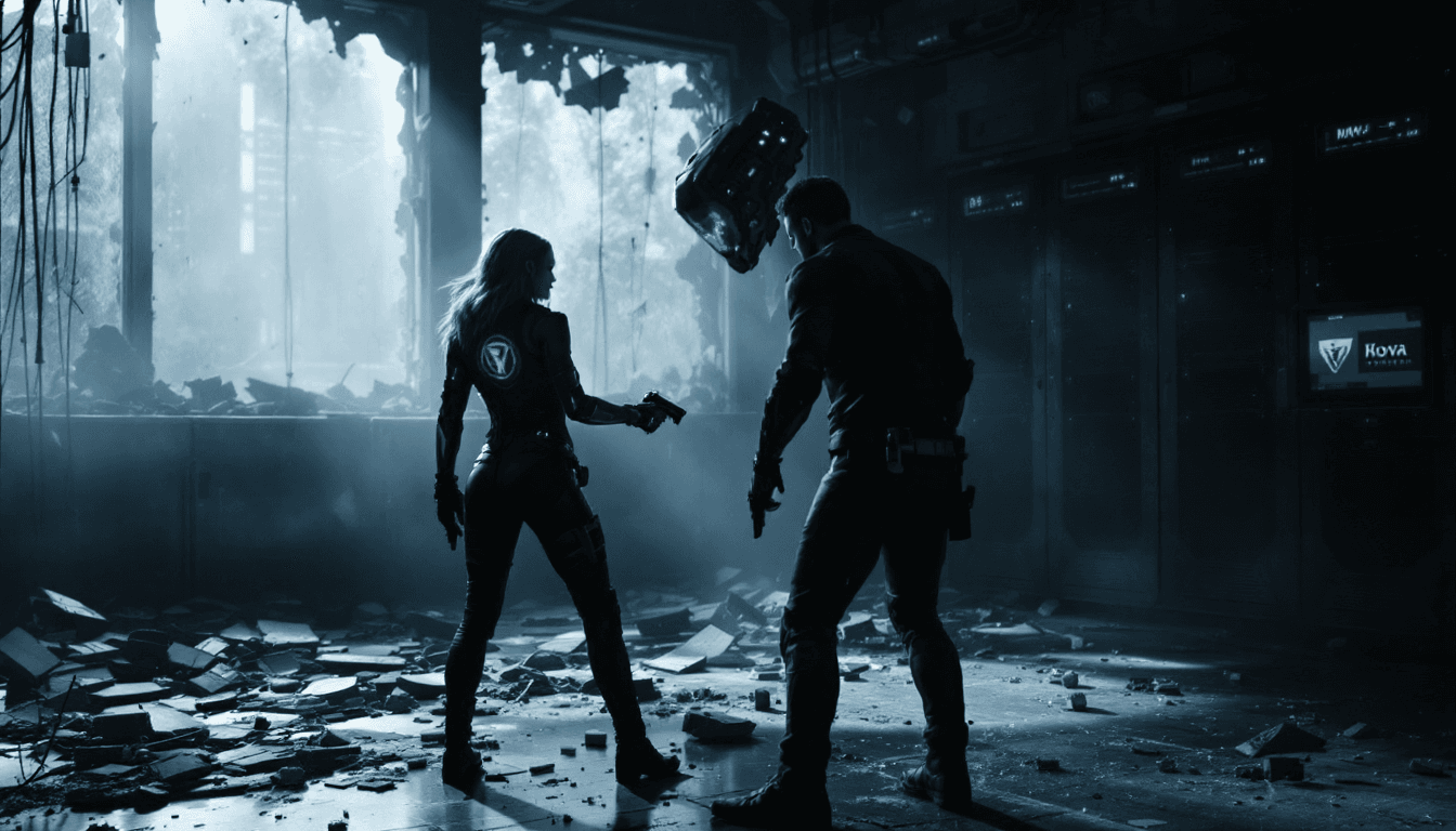 AI generated: "A shattered server room. Mara holds Jax at gunpoint. Nova’s tech-arm malfunctions, revealing a Synd...