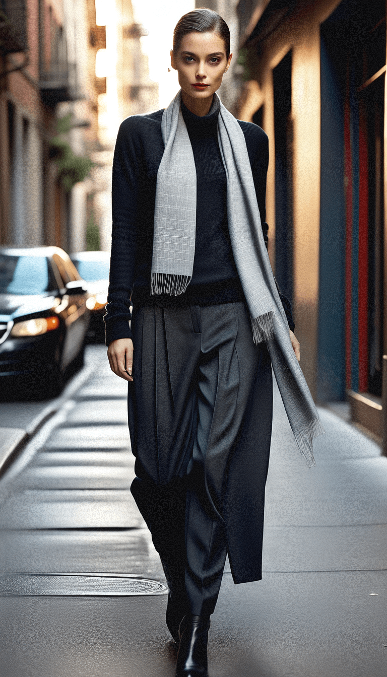 AI generated: Picture a woman striding confidently down a city sidewalk, dressed in a chic ensemble of contemporar...