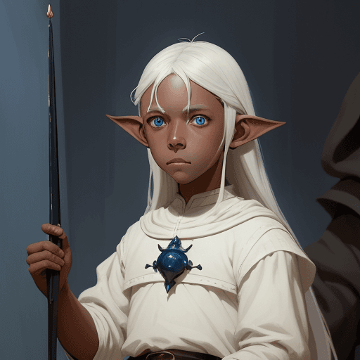 AI generated: Globin species, dark grayish skin tone, blue eyes, globin long ears, white medium hair, young boy, m...