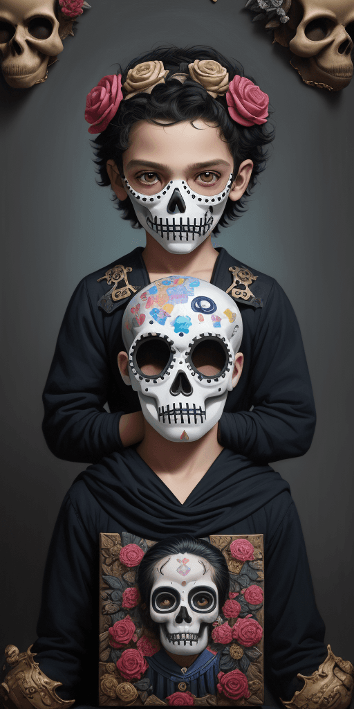AI generated: pop surrealism painting of boy made of puzzle in David alejandro skull mask, in the style of childli...