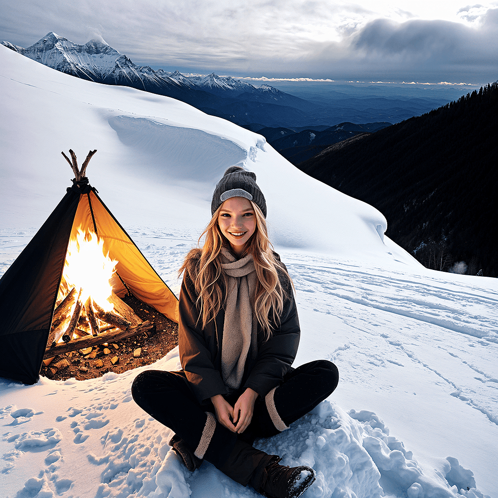 AI generated: a hippie woman sasha luss in Asheville, sited on the edge on top of the snowy mountain Everest, next...