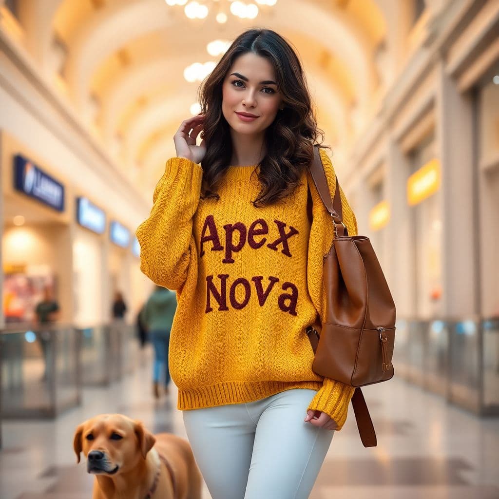 AI generated: A woman with wavy dark brown hair, wearing an oversized yellow knitted sweater that leaves her shoul...