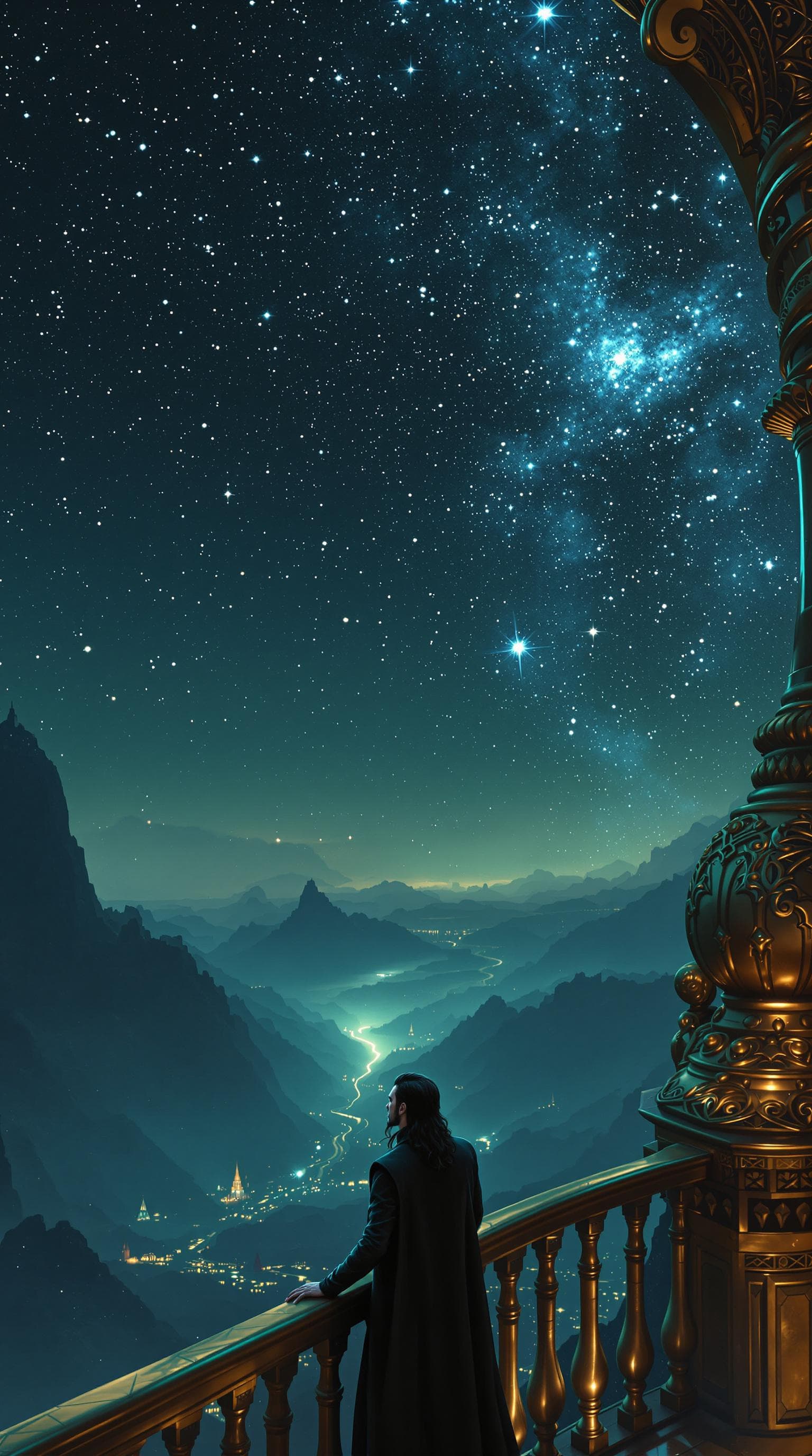 AI generated: First person POV. The grandeur of Asgard stretches beneath a night sky littered with stars. Loki sta...
