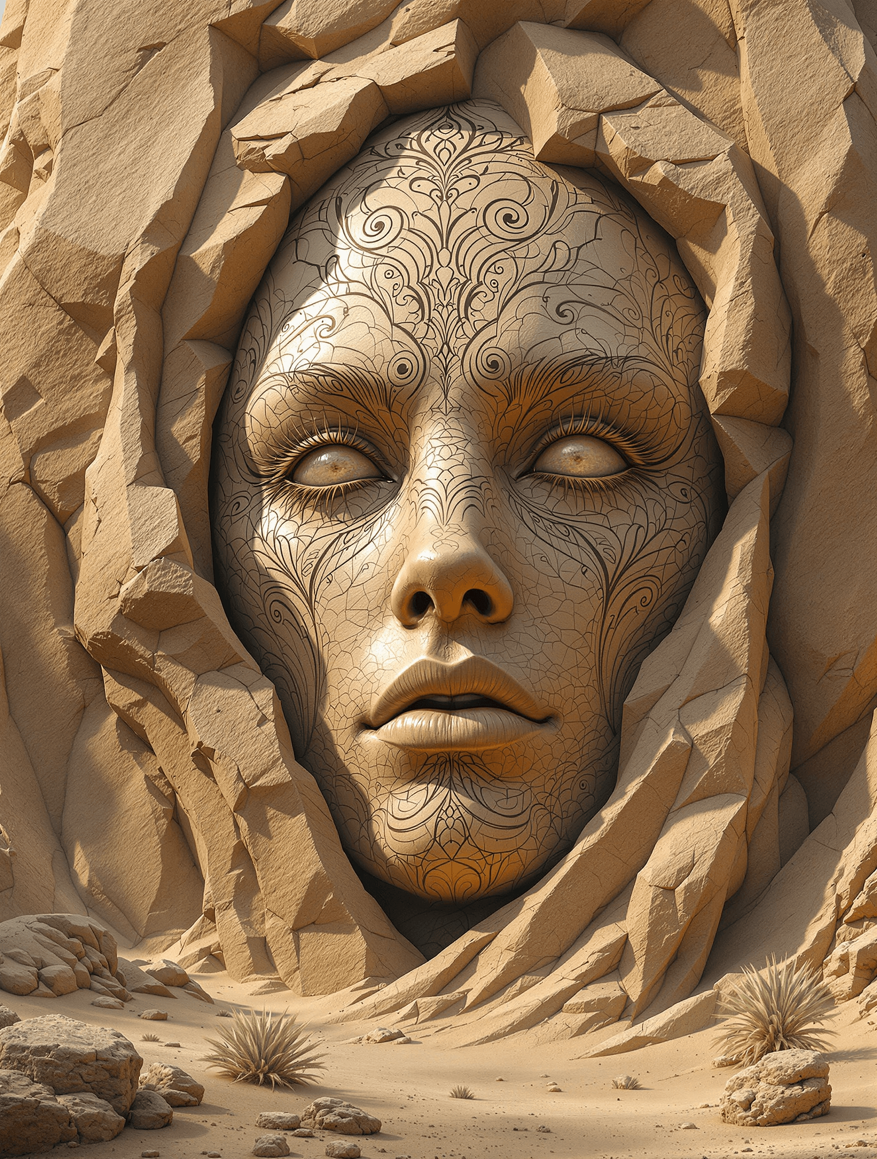 AI generated: A large humanoid face with detailed and complex features etched into highly  textured stone, in a de...