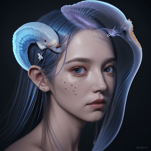 AI generated: Goddess close-up portrait ribcagel. jellyfish phoenix head, nautilus, orchid, skull, betta fish, bio...