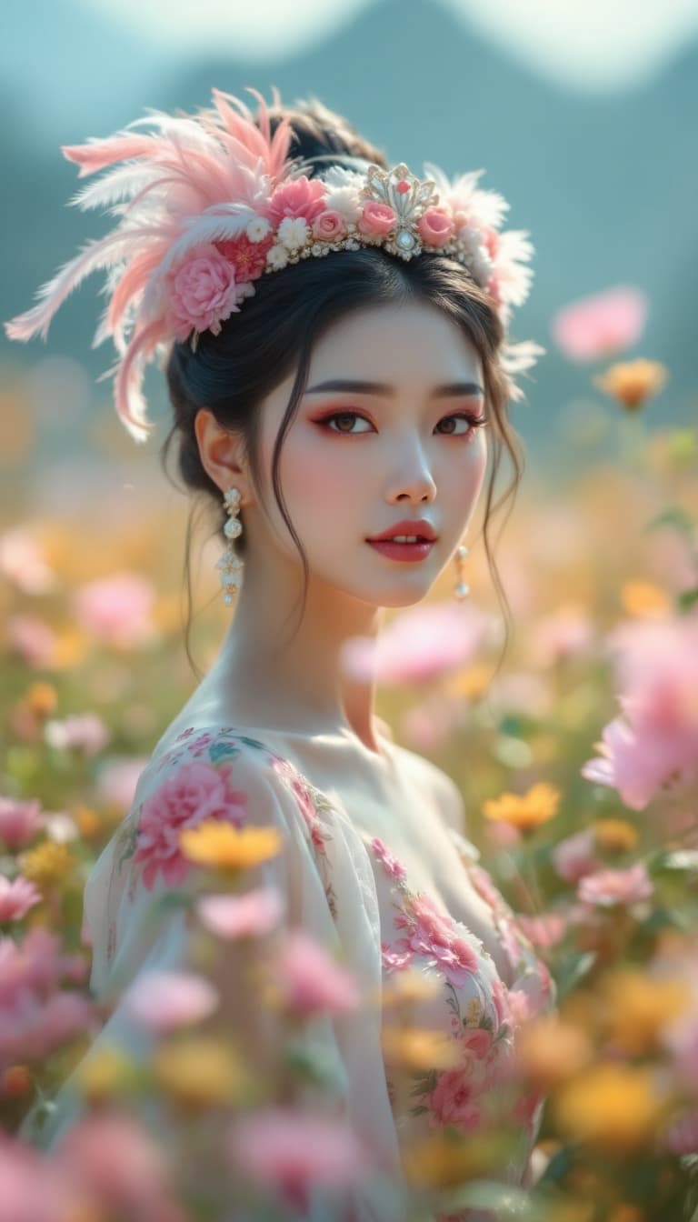 AI generated: Real sharp photo, asian princess, hair ornament, eyeshadow, feathers, blurry background, ethnic dres...