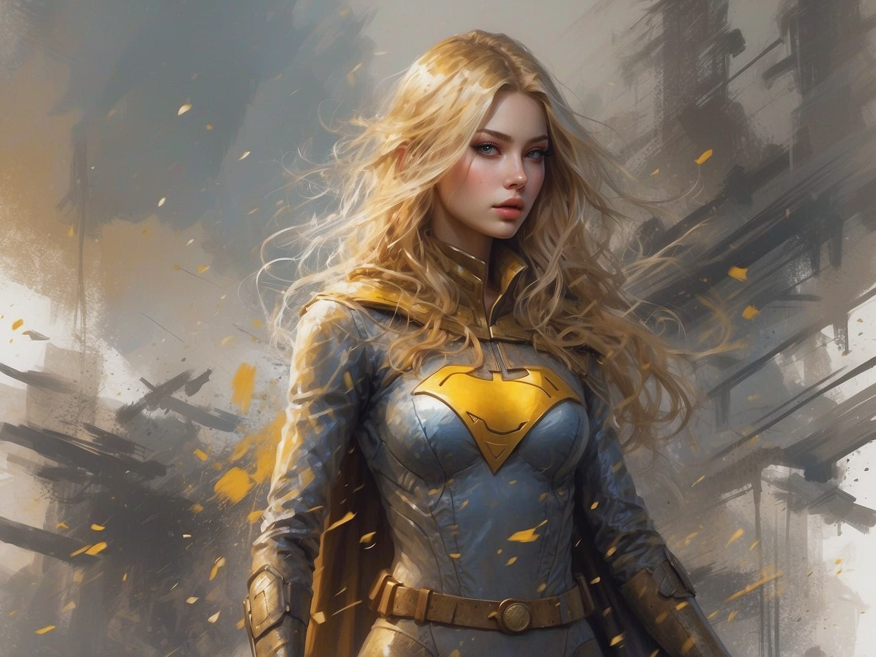 AI generated: a masterpiece, batgirl/supergirl from dc comic wearing alternate yellow costume, coy and alluring, f...