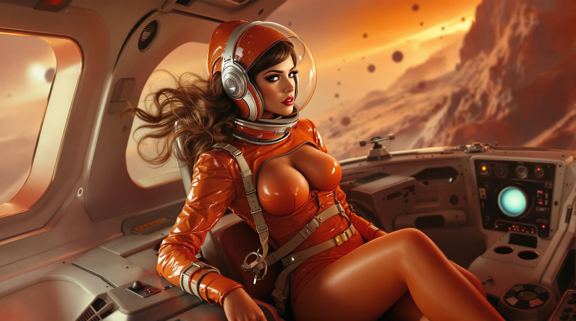 AI generated: Hyper detailed Full body pin up digital photo of Alison Brie as a 1950s space cadet on a Martian spa...