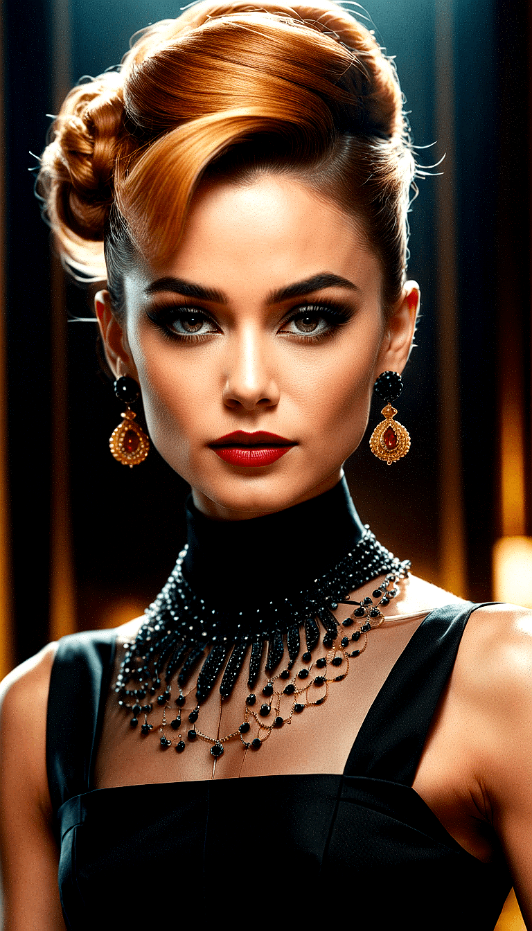 AI generated: The image features a woman wearing a black dress and a black choker necklace. She is posing for a pi...