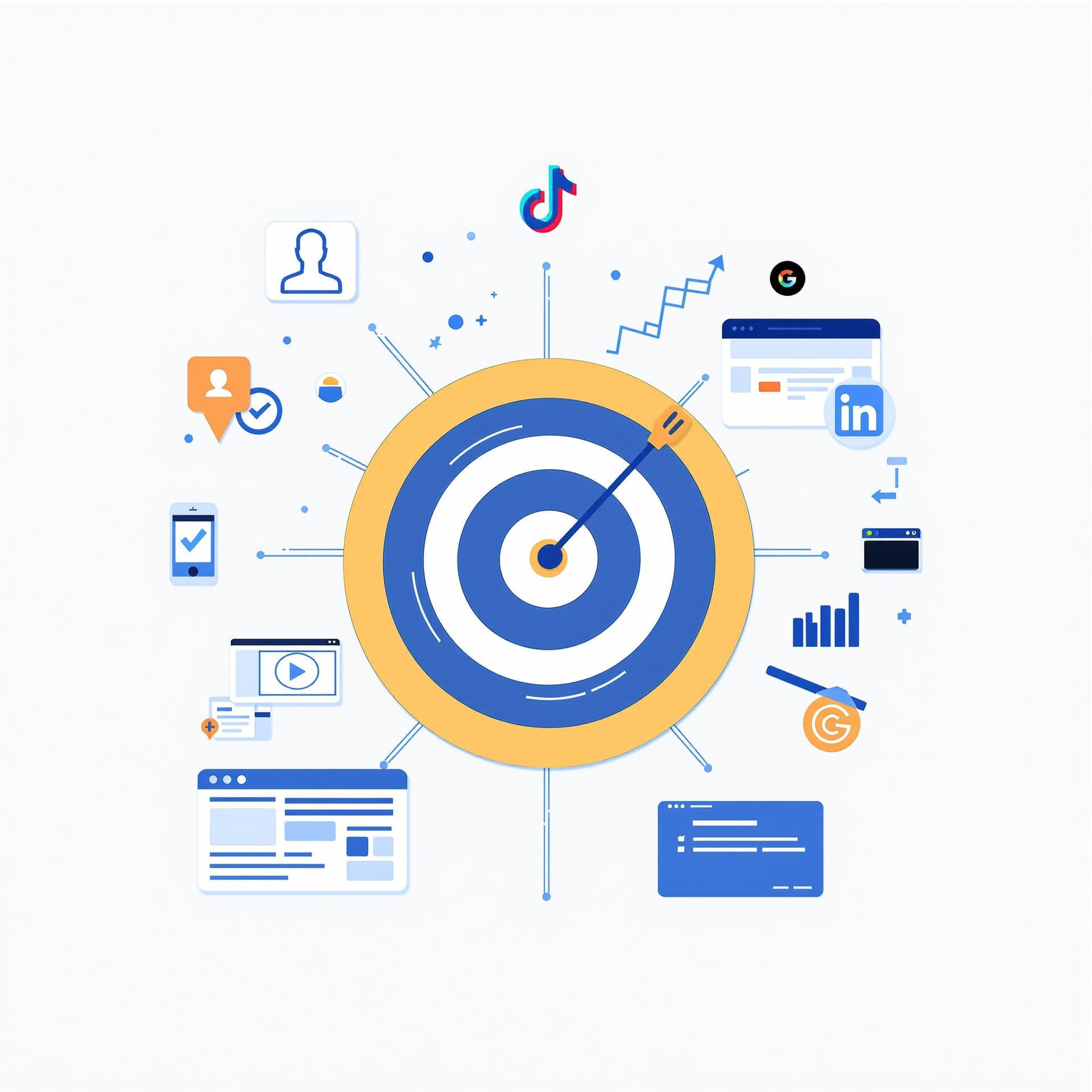 AI generated: Create a modern, professional illustration of digital media buying. Include icons of social media pl...
