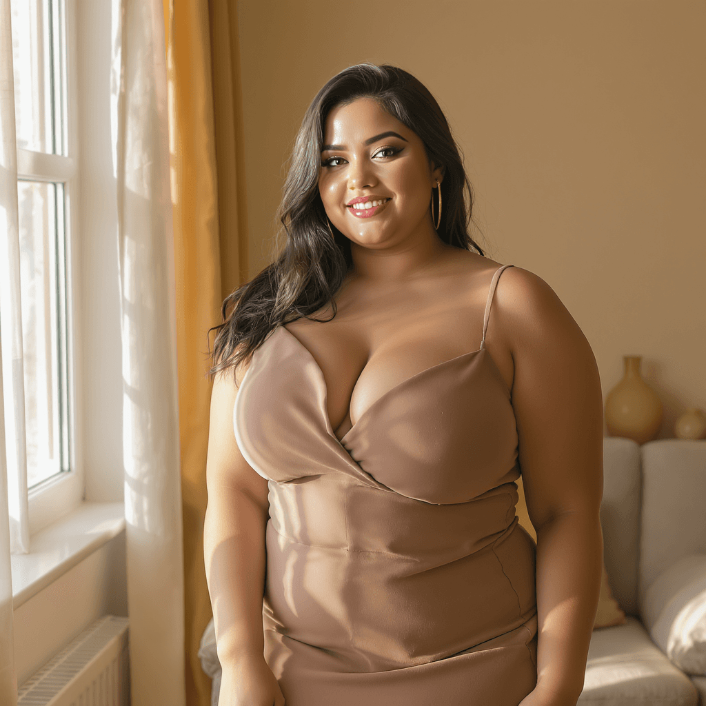 AI generated: A beautiful 25-year-old woman with a slightly chubby, curvy figure, soft and expressive eyes, wearin...