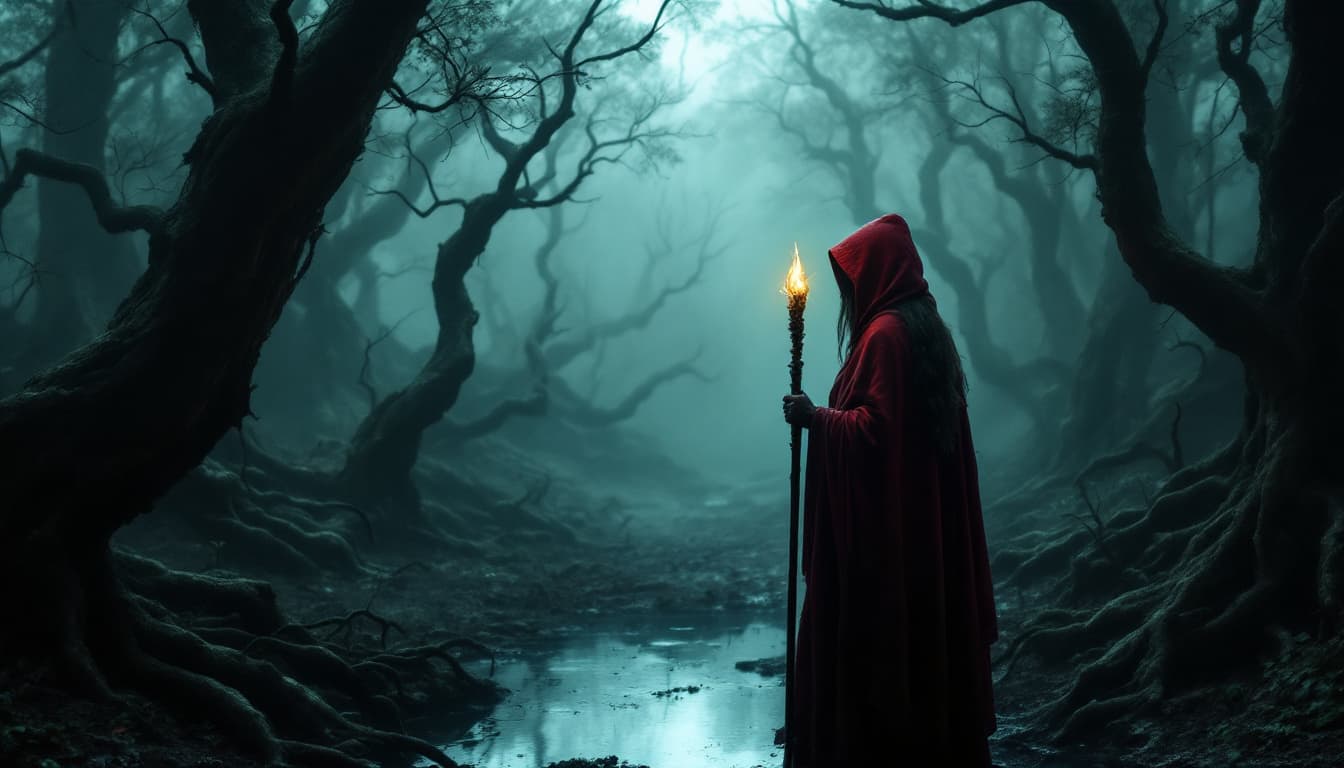 AI generated: a person standing in a dark, misty forest, holding a staff with a glowing tip. The person is wearing...