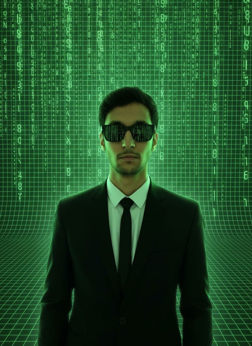 AI generated: **Image Prompt:**

The background is a mesmerizing, glowing matrix grid in a vibrant light green h...