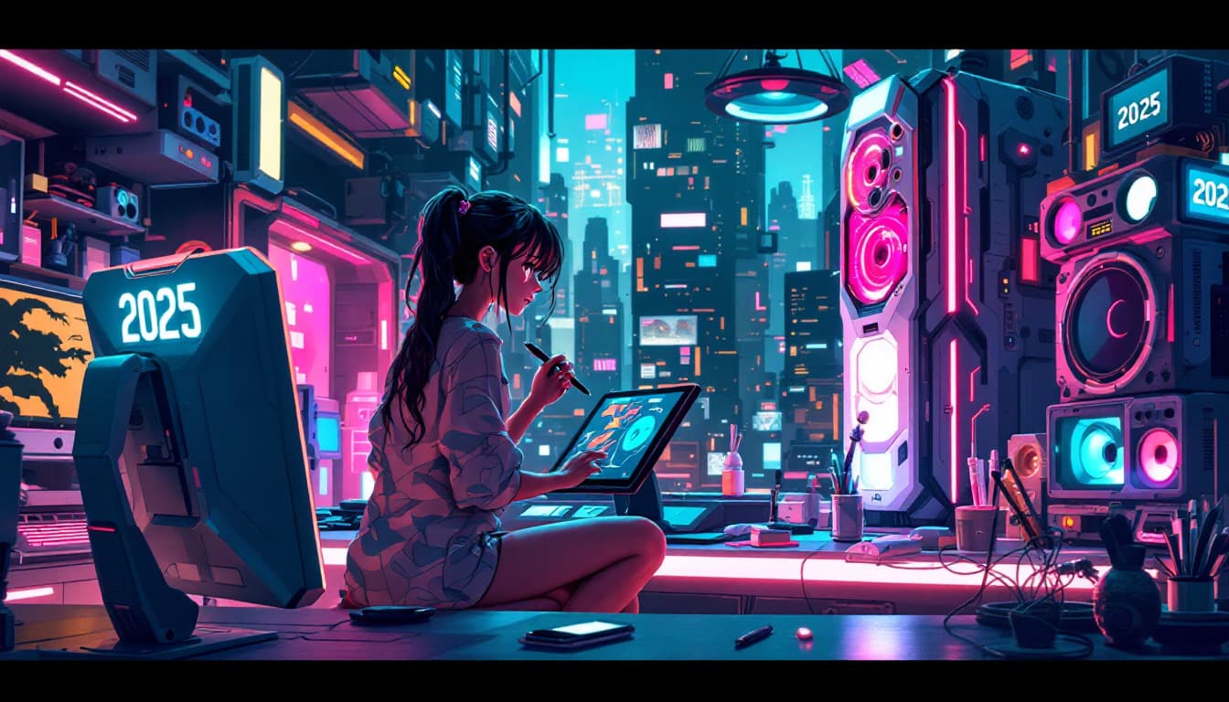 AI generated: Daytime scene in 2025, an artist girl in a cyberpunk space, sitting at a computer desk holding a dig...