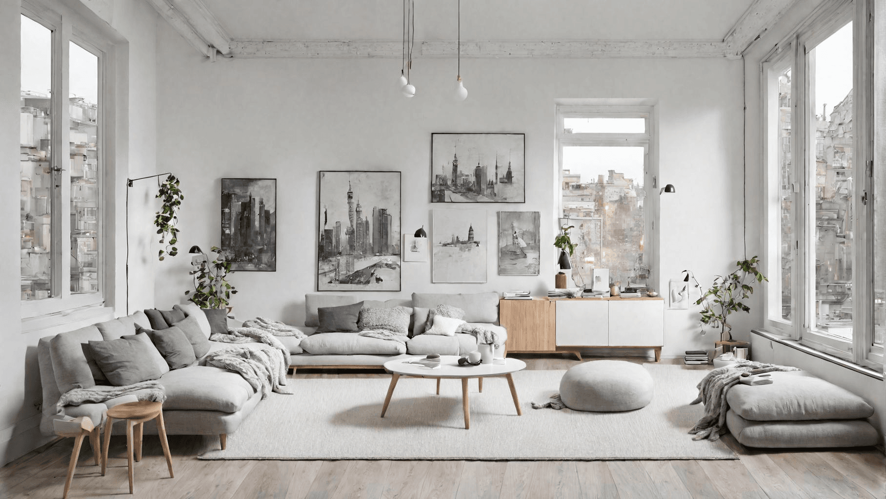 AI generated: interior design, scandinavian style, scandinavian design, white style, living room, modular furnitur...