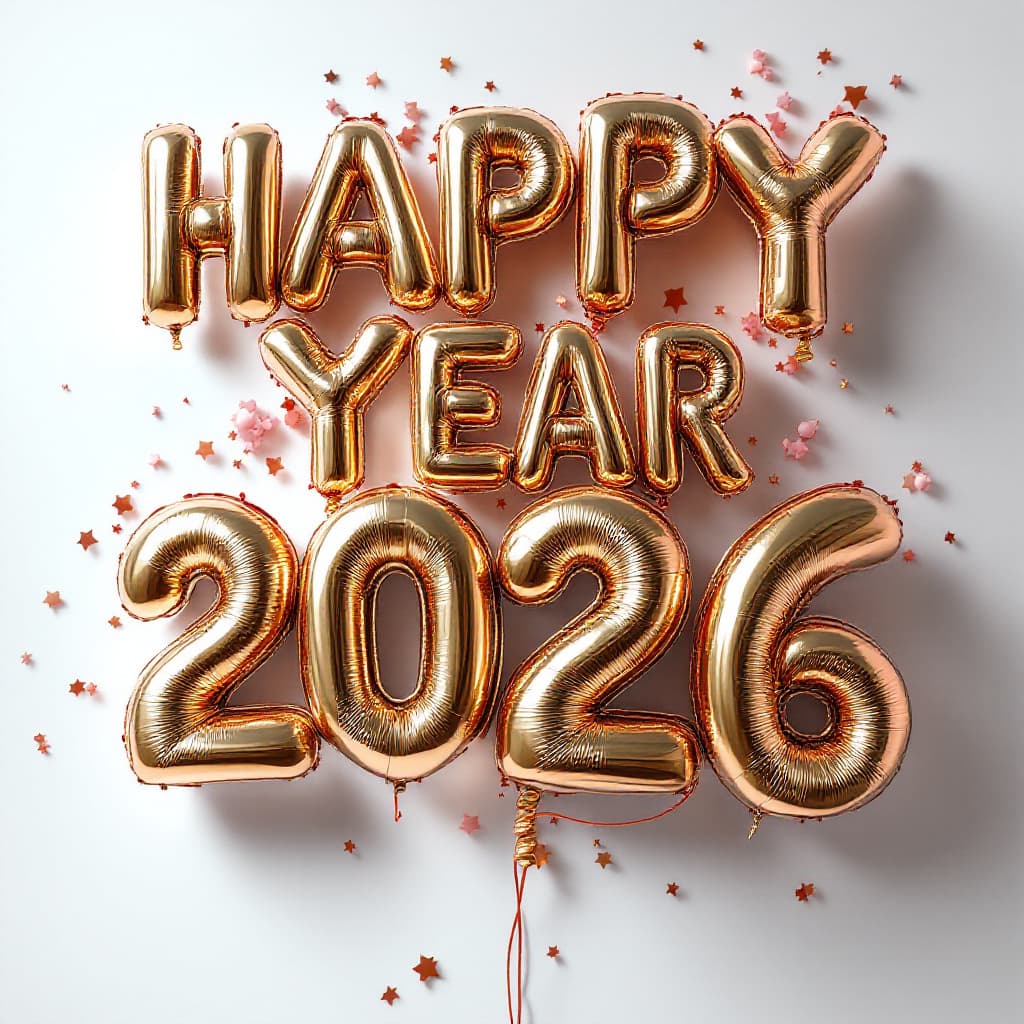 AI generated: photorealistic, high resolution rendering, balloon of lettering, "HAPPY NEW YEAR 2026", used color i...