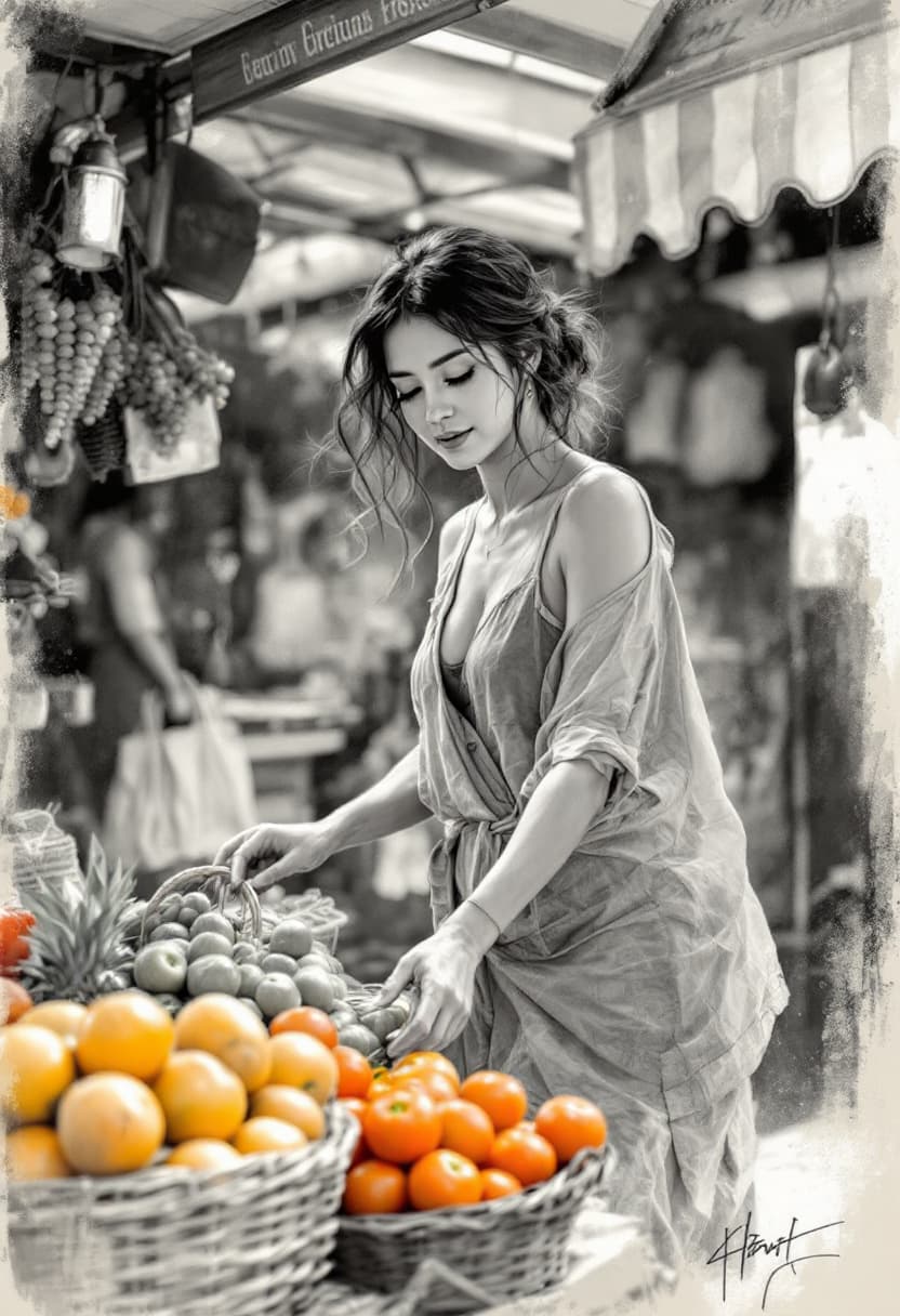 AI generated: Sketch Art, Beautiful Pencil Line Art, Artistic Brush Strokes, Beautiful, Market Vendor, Beautiful G...