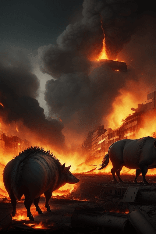 AI generated: burning city, war, gaves, fire, boar
